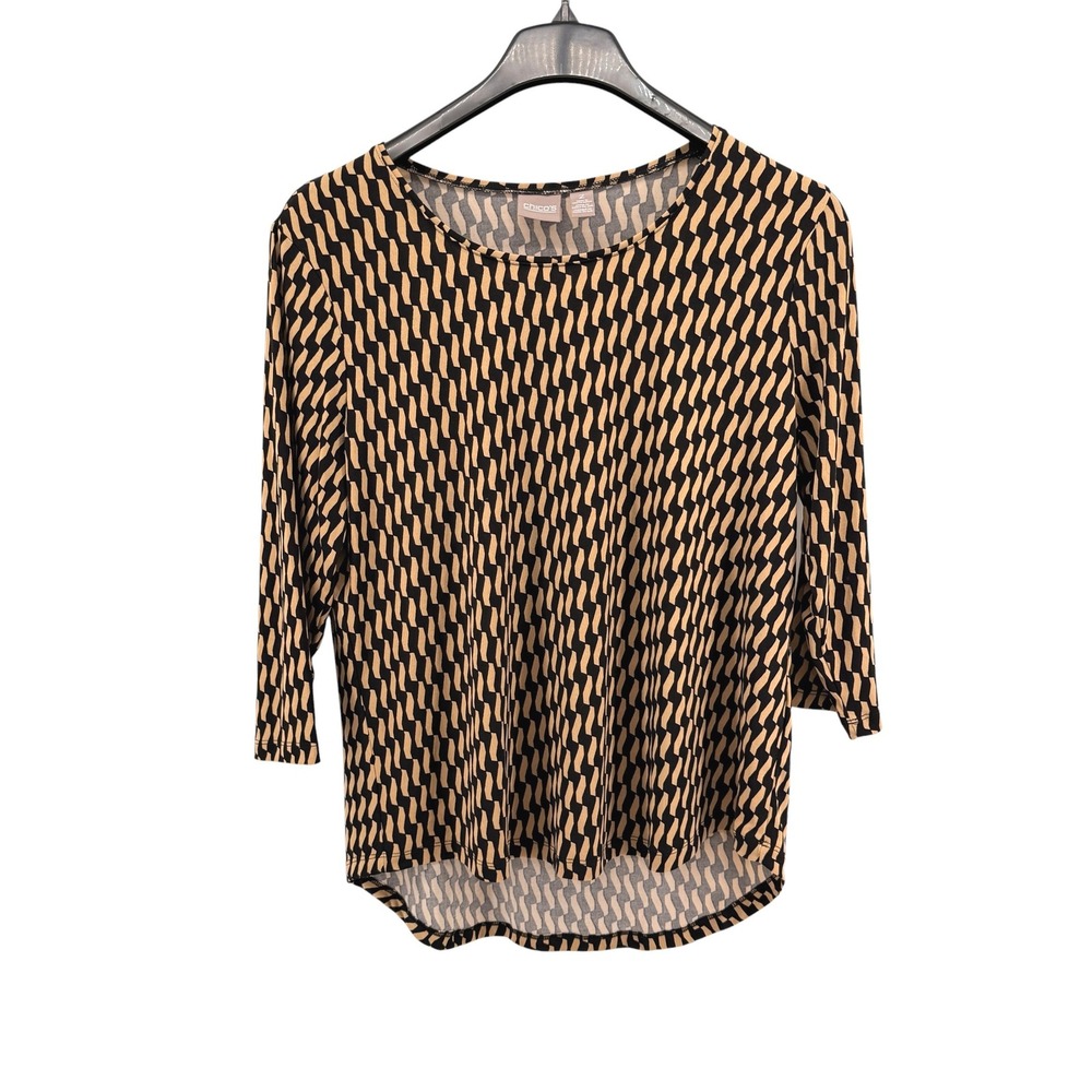 Chico's Blouse Women 2/Large Pre-Owned Top Tan Black Geometric Wave High-Low Hem